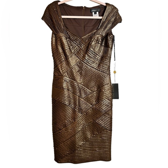 Tadashi Shoji Metallic Bronze Cap Sleeve Pintuck Cocktail Dress Size Medium - Picture 2 of 12